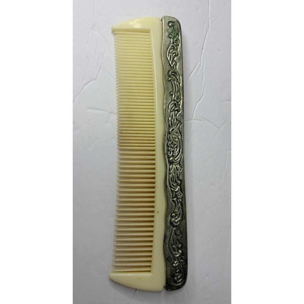 Antique 1940's Silver Plate‎ Comb with Ornate Floral Design Vanity 7.5" Vintage